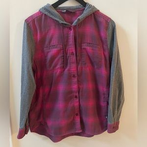 The North Face long sleeve button down with hood, pink/grey, size medium